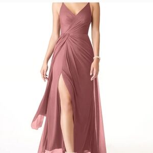 New 🆕 Azazie Evalin A14 Desert rose pleated maxi dress spaghetti straps v-neck